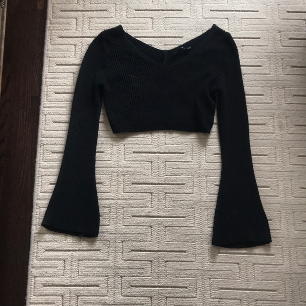 Black Cropped Knit Sweater W/ Flare Sleeves